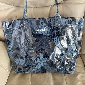 PINK Victoria's Secret Clear Tropical Leaf Beach Tote Blue Black Floral Leaf
